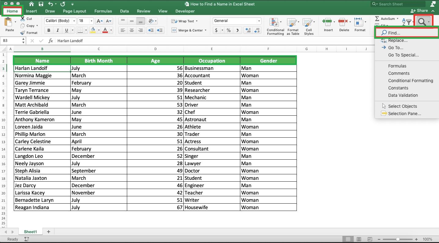 How to Find a Name in Excel Sheet